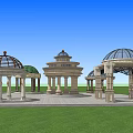 Garden Pavilion Structures With Domed Roofs On Stone Pavement And Green Lawn