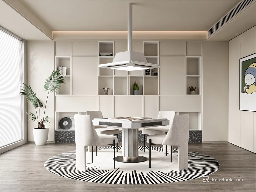 Modern Dining Room Interior With Round Table Chairs Storage Cabinets And Plants 3d model 
