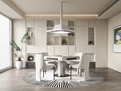 Modern Dining Room Interior With Round Table Chairs Storage Cabinets And Plants 3d model