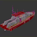 Red and Gray Boat 3D Rendering With Antenna Staircase and Wooden Deck
