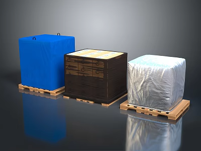 Furniture Packed in Wrapped Boxes with Blue Cloth Brown Wood and Silver Foil on Pallets 3d model