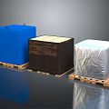 Furniture Packed in Wrapped Boxes with Blue Cloth Brown Wood and Silver Foil on Pallets