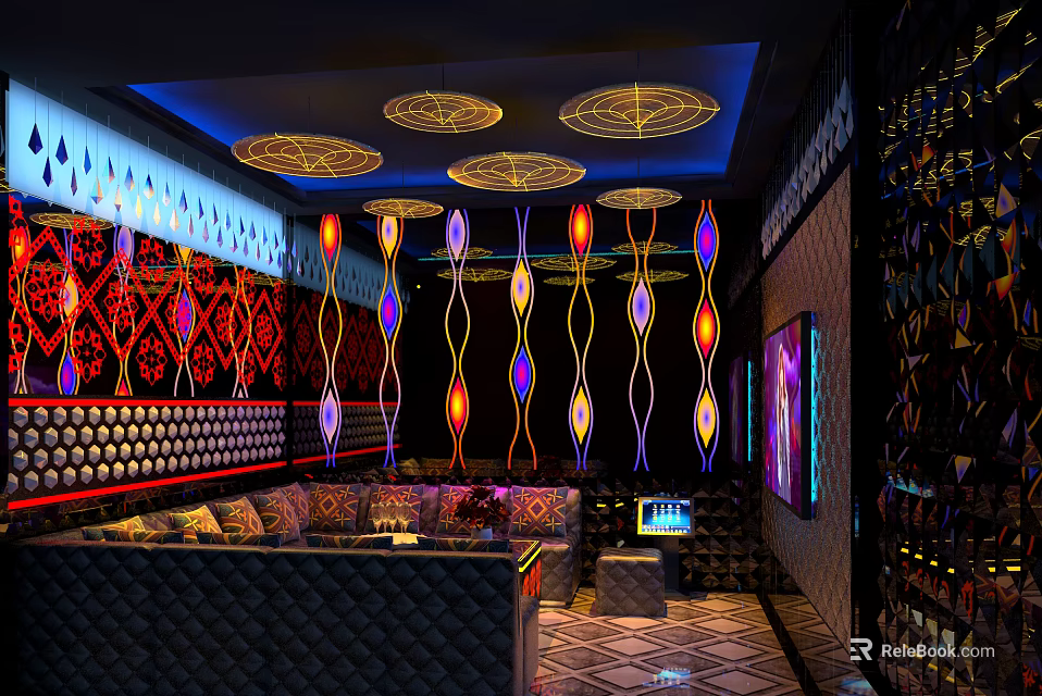 Modern KTV Interior Design With Colorful Lighting And Comfortable Sofa Seating 3d model
