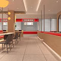 Modern Restaurant Interior With Wooden Elements Counter Seating Pendant Lights Red Decor And Green Plants