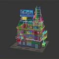 Cartoon Style Multi Story Building with Shop Front Billboard and Illuminated Windows