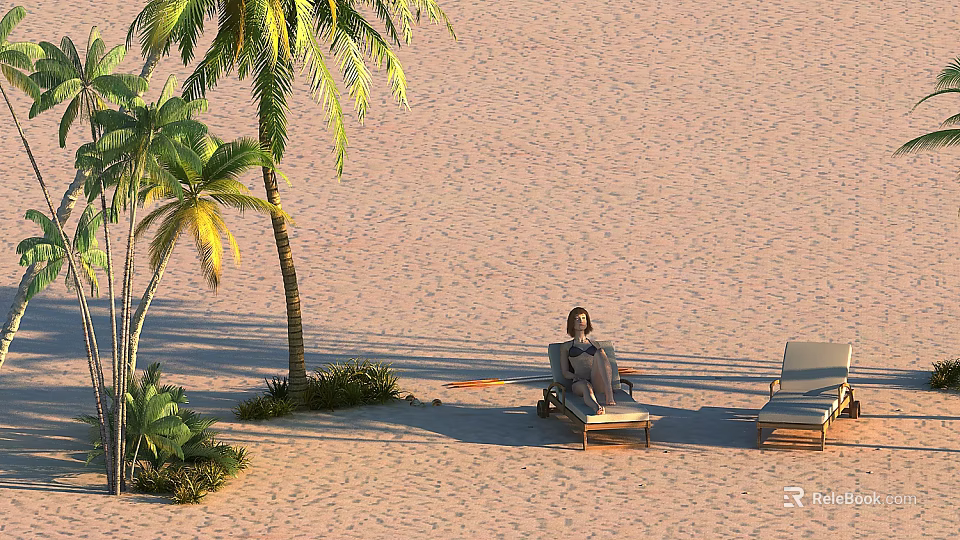 Coastal Hinged Patio Door Design With Palm Trees And Lounge Chairs On Sandy Beach 3d model 