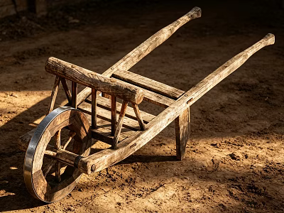 Old Vintage Wooden Wheelbarrow With Metal Rim On Dirt Ground 3d model