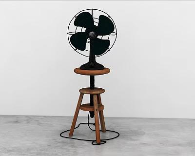 Black Table Fan Placed On Three Legged Wooden Stool Against White Wall And Gray Floor 3d model