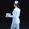 Woman Nurse in White Uniform Holding Tray with Medicine Bottles and Boxes