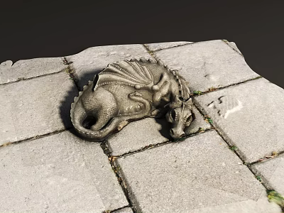 Intricately Carved Dragon Sculpture Lying On Gray Stone Tiles Surface 3d model