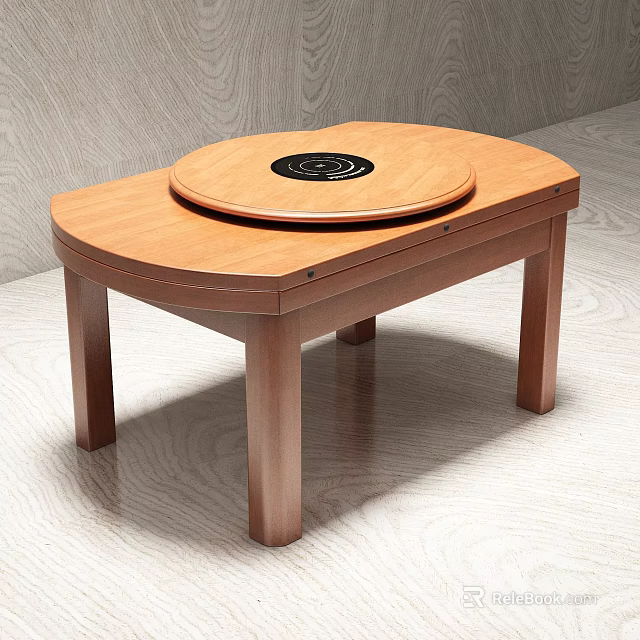 Wooden Dining Table With Circular Turntable Heating Element And Curved Tabletop On Light Floor 3d model 