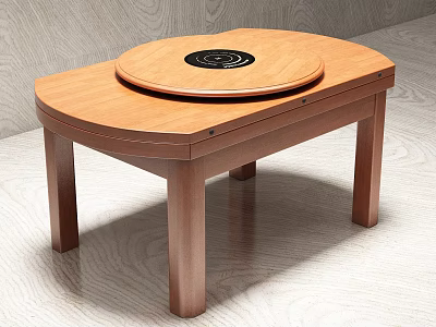 Wooden Dining Table With Circular Turntable Heating Element And Curved Tabletop On Light Floor 3d model