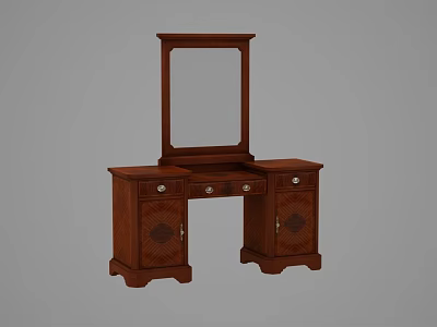 Dark Brown Wooden Vanity With Mirror Drawers And Carved Cabinet Doors 3d model