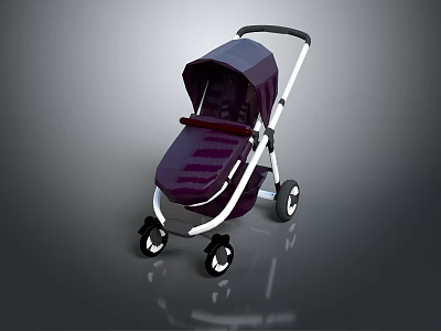 Stylish Purple Baby Stroller With Canopy White Frame And Black Wheels 3d model