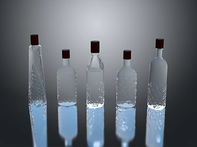 Five Transparent Glass Bottles With Red Caps And Various Shapes On Reflective Surface 3d model