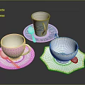 Colorful Tea Cups Saucers and Spoons with Pink Blue White Patterns and Gold Trim
