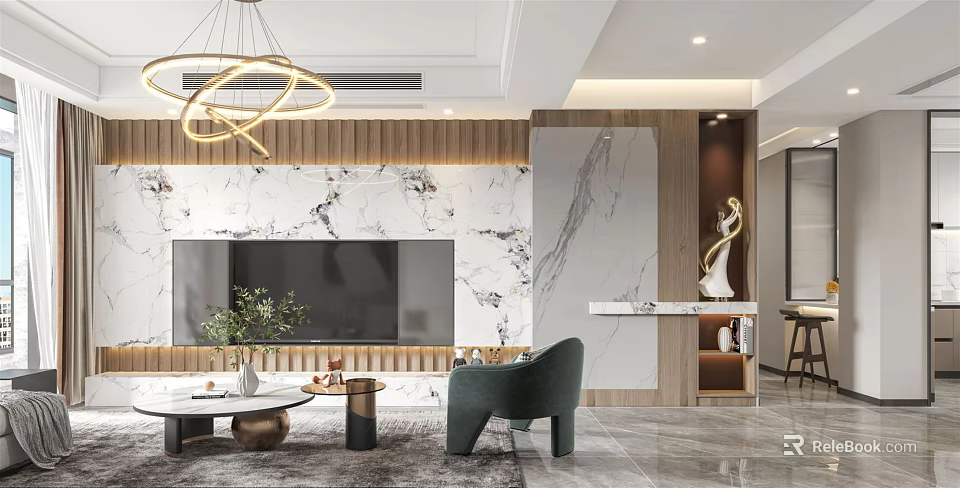 Modern Living Dining Area With Marble Wall And Chic Decor 3d model