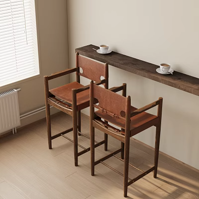 Stylish Wooden Bar Counter With Two Brown Chairs And Coffee Cups By Window 3d model