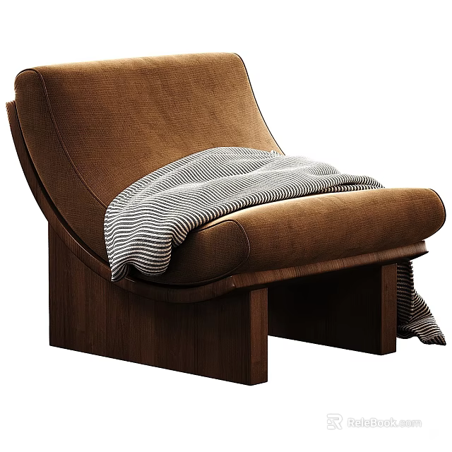 Brown Single Seater Sofa With Gray And White Striped Blanket And Wooden Base 3d model 