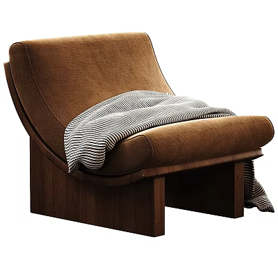 Brown Single Seater Sofa With Gray And White Striped Blanket And Wooden Base 3d model
