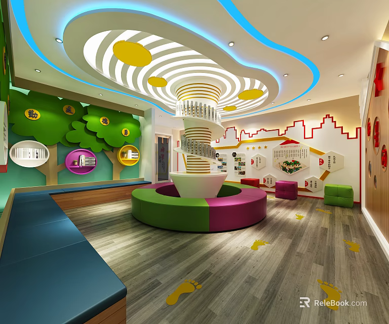 Colorful Kids Activity Center Indoor With Round Seats Tree Decor And Yellow Footprints 3d model 