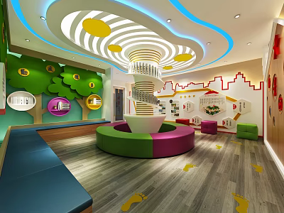 Colorful Kids Activity Center Indoor With Round Seats Tree Decor And Yellow Footprints 3d model