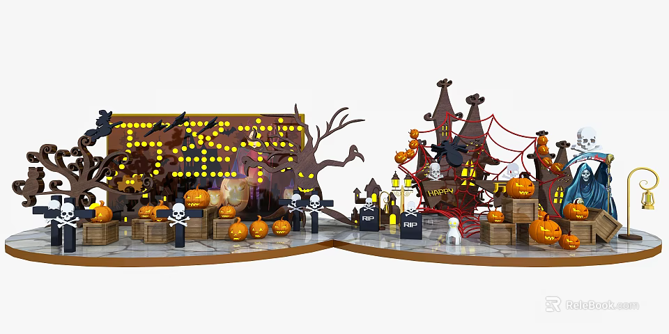 Halloween Decorative Scene With Pumpkins Skulls Spider Webs Witch Hats And String Lights 3d model 