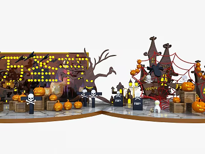 Halloween Decorative Scene With Pumpkins Skulls Spider Webs Witch Hats And String Lights 3d model