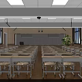 School Classroom With Neatly Arranged Desks And Chairs Front Blackboard Windows Ceiling Lights Green Plant