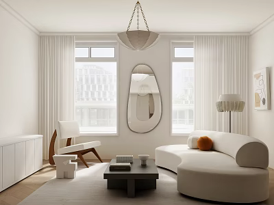 Minimalist Modern Living Room Interior With Curved White Sofa Coffee Table And Large Mirror 3d model