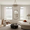 Minimalist Modern Living Room Interior With Curved White Sofa Coffee Table And Large Mirror