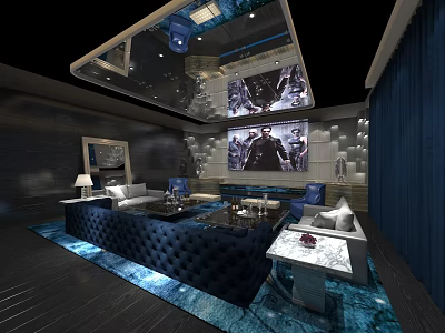 Luxury KTV Lounge Interior With Dark Blue Sofas Coffee Tables Large Screens And Modern Lighting 3d model