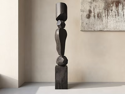Abstract Dark Wooden Sculpture with Stacked Organic Geometric Shapes in Modern Space 3d model