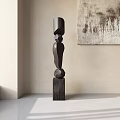 Abstract Dark Wooden Sculpture with Stacked Organic Geometric Shapes in Modern Space