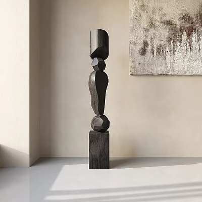 Abstract Dark Wooden Sculpture with Stacked Organic Geometric Shapes in Modern Space 3d model
