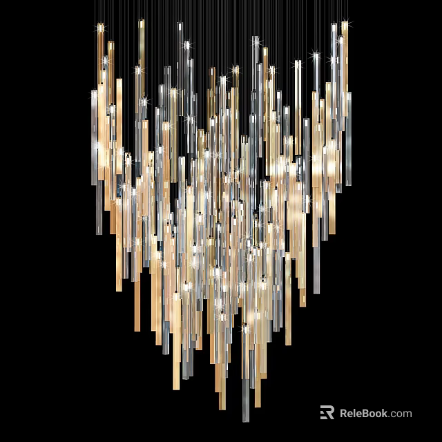 Elegant Modern Chandelier with Long Slender Gold and Silver Tubes for Interior Decorative Lighting 3d model 