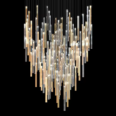 Elegant Modern Chandelier with Long Slender Gold and Silver Tubes for Interior Decorative Lighting 3d model