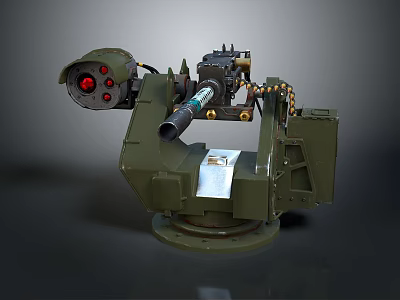 Green Automatic Weapon System With Barrel Red Lights And Mechanical Base 3d model