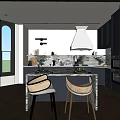 Modern Kitchen Interior With Dark Cabinets Marble Island Bar Stools And White Range Hood