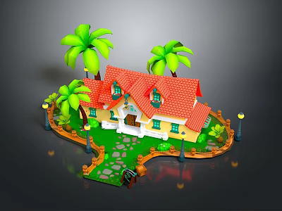 Cartoon Scene With Yellow House Red Roof Palm Trees Green Lawn And Stone Pathway 3d model