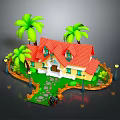 Cartoon Scene With Yellow House Red Roof Palm Trees Green Lawn And Stone Pathway