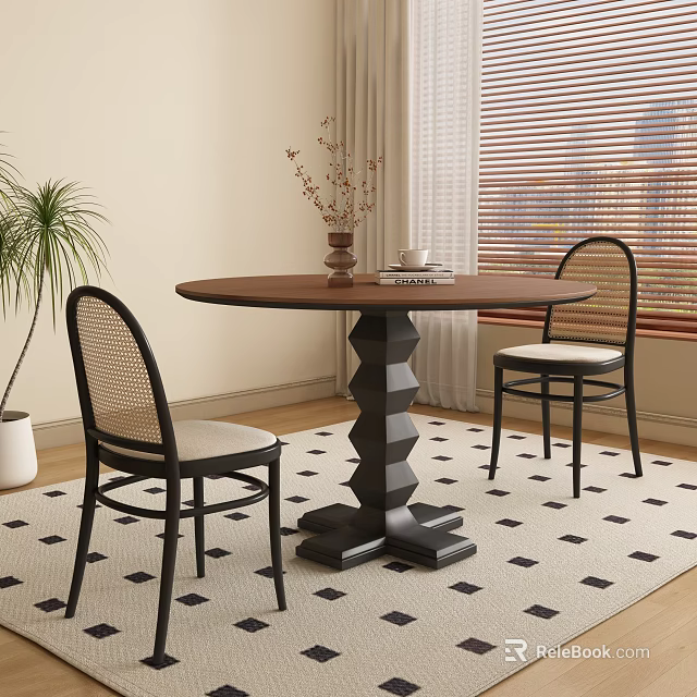 Modern Dining Room Interior With Round Wooden Table Rattan Chairs Unique Base And Patterned Rug 3d model 