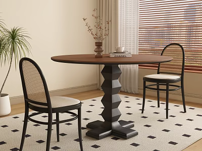 Modern Dining Room Interior With Round Wooden Table Rattan Chairs Unique Base And Patterned Rug 3d model