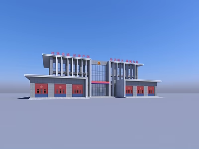 Modern Fire Station Building With Red Garage Doors And Front Facade Design 3d model