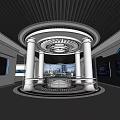 Futuristic Exhibition Hall Interior Featuring Circular Design Metallic Pillars And Digital Screens