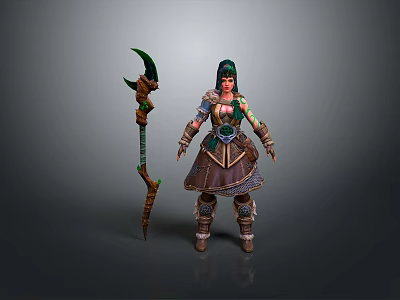 Woman In Fantasy Decorative Armor Holding Green Accented Spear Standing Pose 3d model