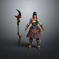 Woman In Fantasy Decorative Armor Holding Green Accented Spear Standing Pose