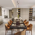 Modern Restaurant Interior With Marble Dining Table Brown Chairs Open Design And Wine Racks 3d model