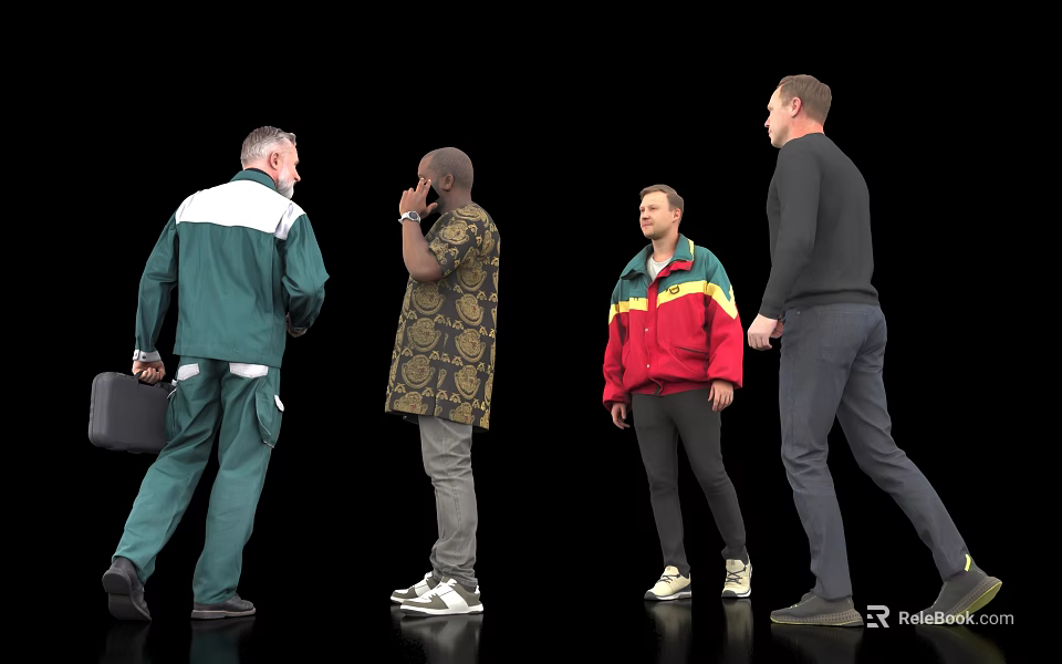 Group Of Men In Different Jackets Talking Holding Briefcase On Black Background 3d model 