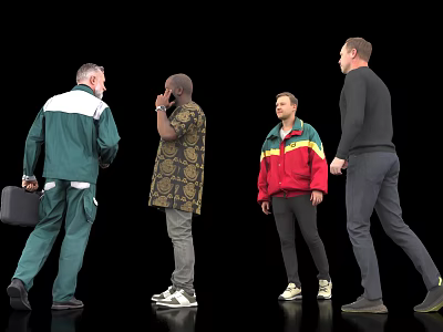 Group Of Men In Different Jackets Talking Holding Briefcase On Black Background 3d model